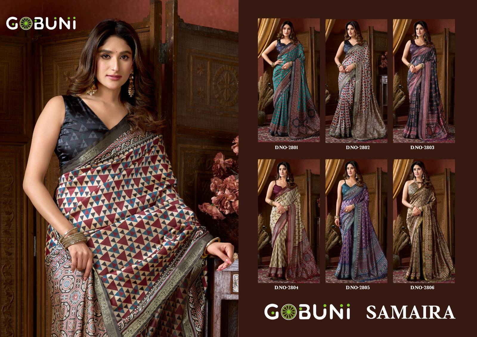 Samaira By Gobuni 2801 To 2806 Series Indian Traditional Wear Collection Fancy Colorful Party Wear Cluster Digital Saree At Wholesale Price